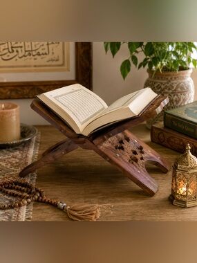 Handmade Indian Wooden Rehal Quran Bible Book Holder Brass Inlay Folding Stand